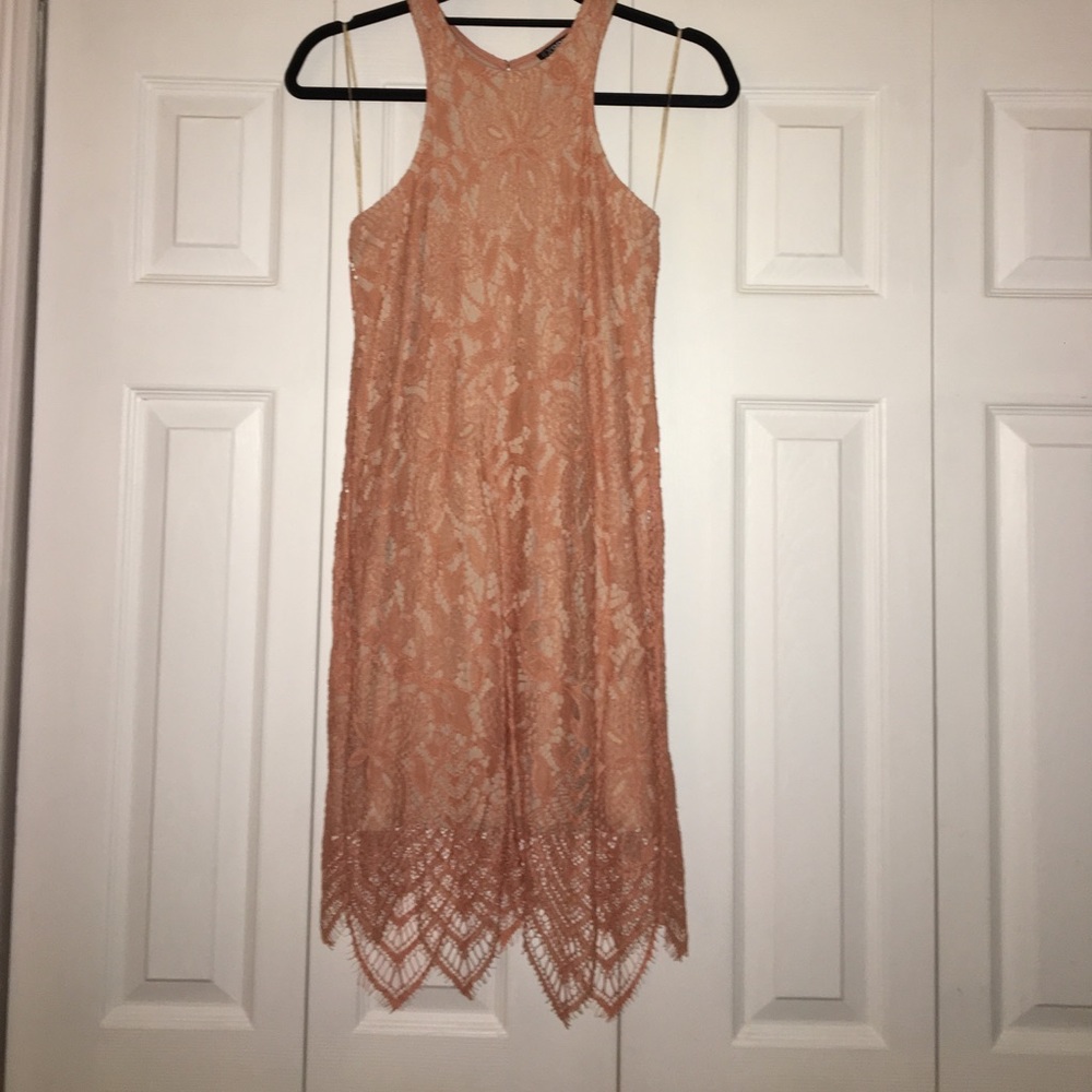 Coral lace and nude midi dress